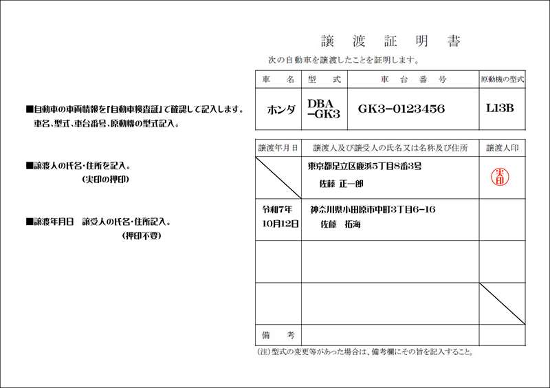 譲渡証明記載例書解説