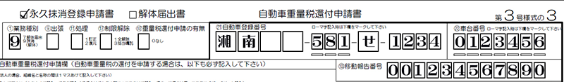 永久抹消登録申請書記載例-永久抹消登録-業務種別-自動車登録番号-車台番号-移動報告番号解説